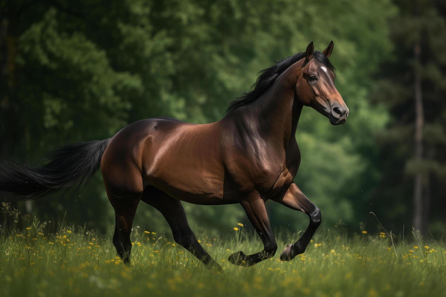 marrón caballo Galopando en el campo. ilustración ai generativo foto