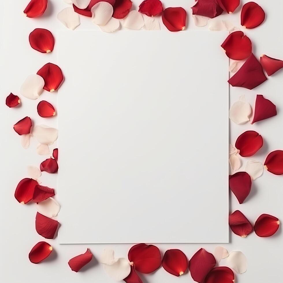 Empty white card mockup on rose petals background. Illustration photo