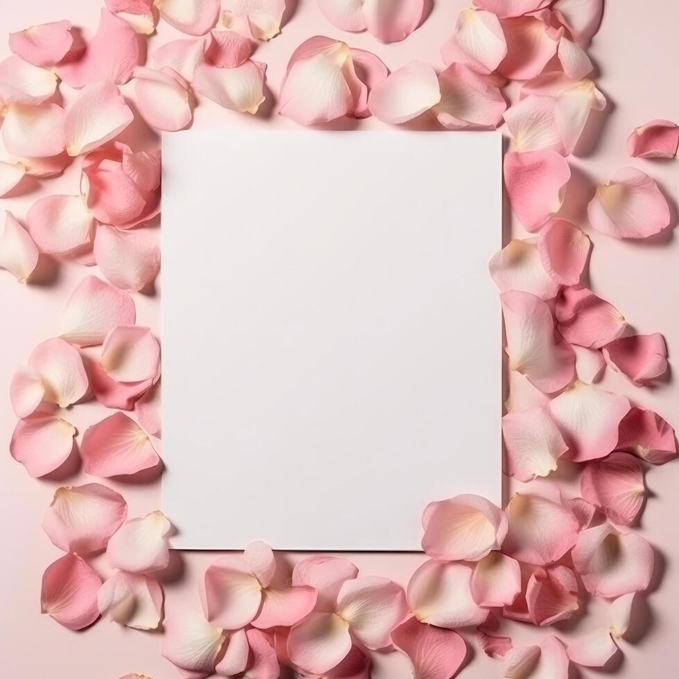 Empty white card mockup on rose petals background. Illustration photo
