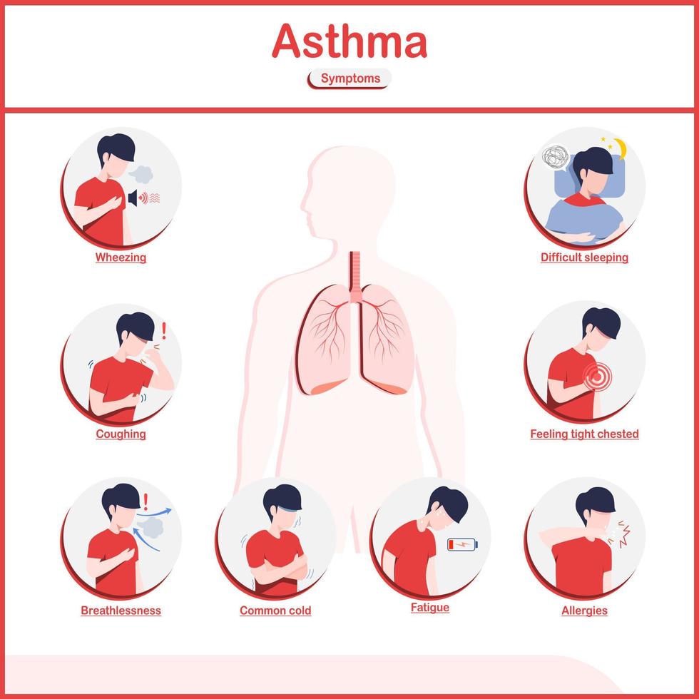 vector ilustraciones infografía,síntomas de asma.fatiga,sibilancias,tos,pecho dolor, común frío, falta de aliento y difícil durmiendo en piso estilo.