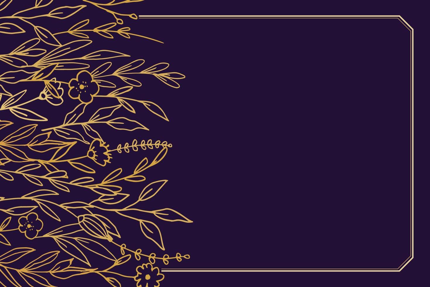 Elegant golden floral background with hand drawn flowers and leaves illustration decoration on dark purple vector