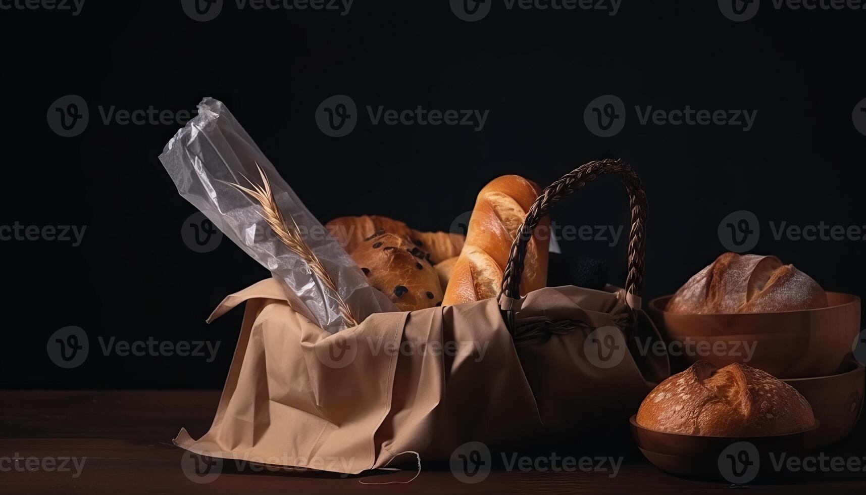 Paper bag with bread and basket of pastry. photo