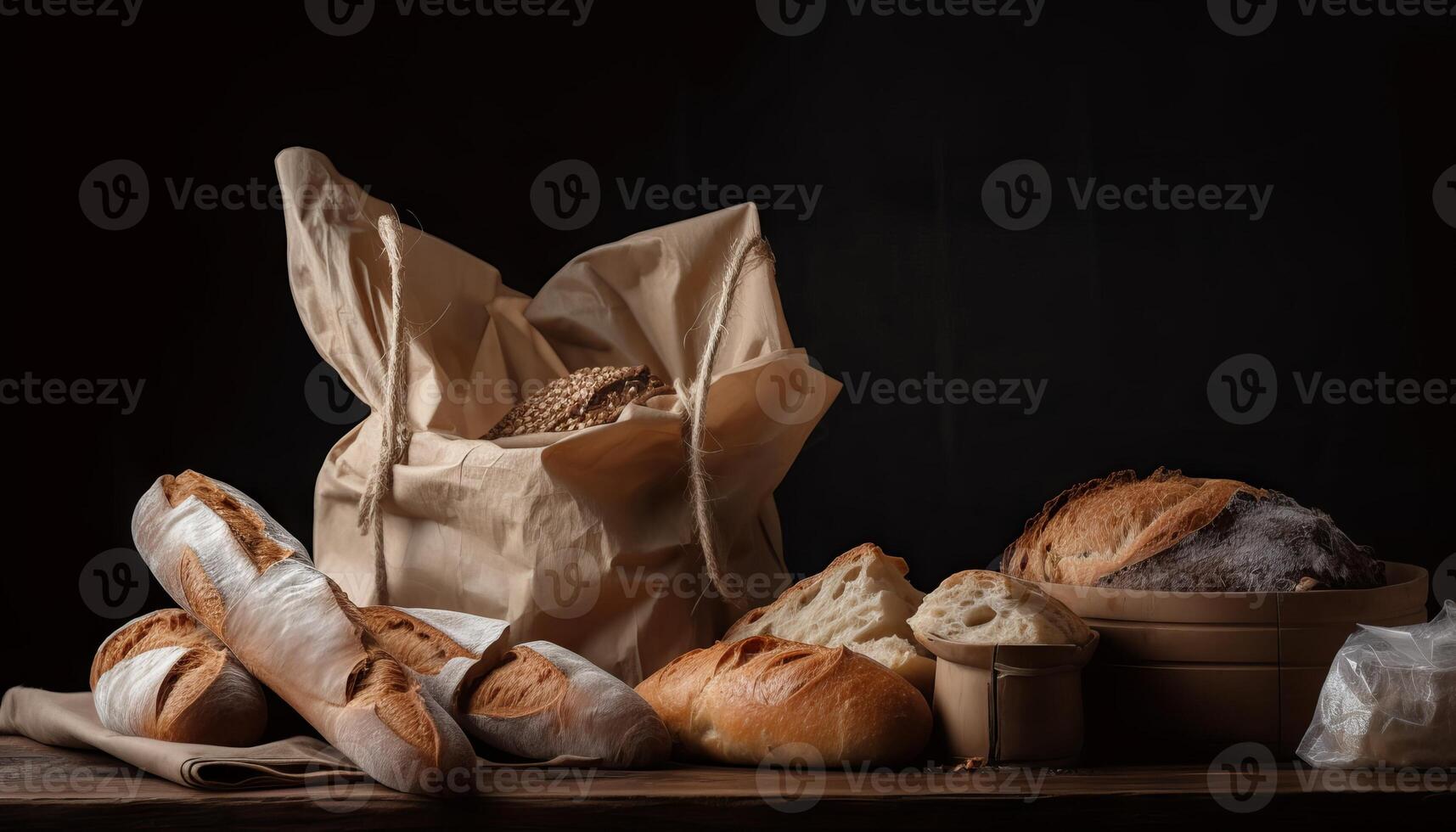 Paper bag with bread and basket of pastry. photo