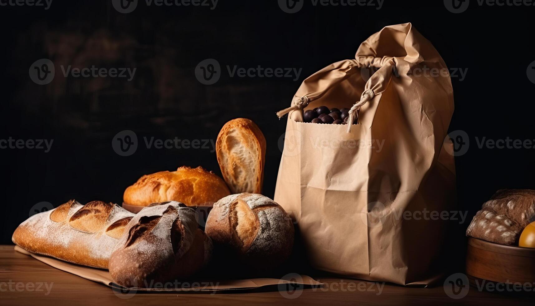 Paper bag with bread and basket of pastry. photo