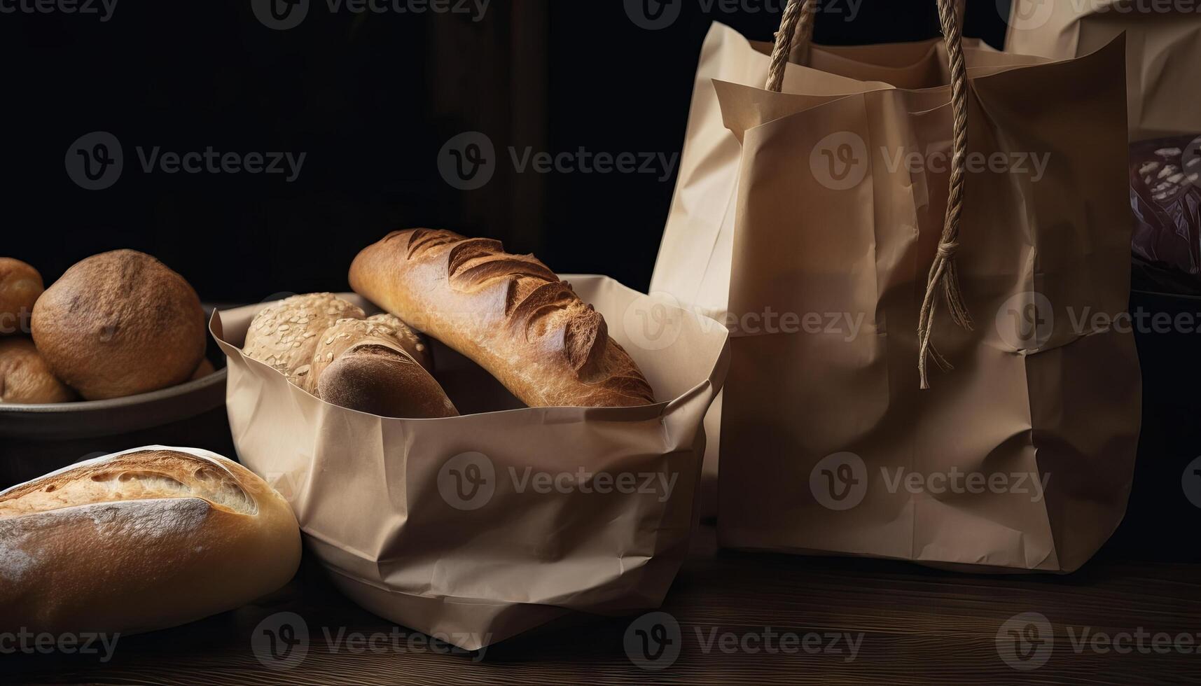 Paper bag with bread and basket of pastry. photo