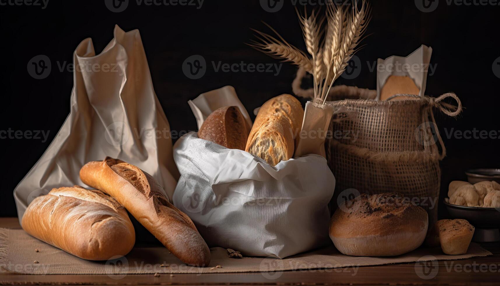 Paper bag with bread and basket of pastry. photo