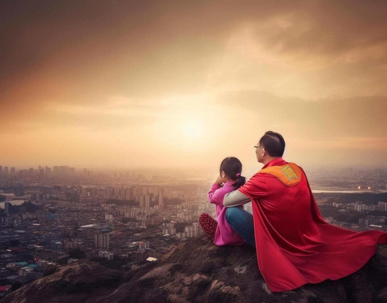 Father's Day Background. Superhero Father with Child. Illustration photo