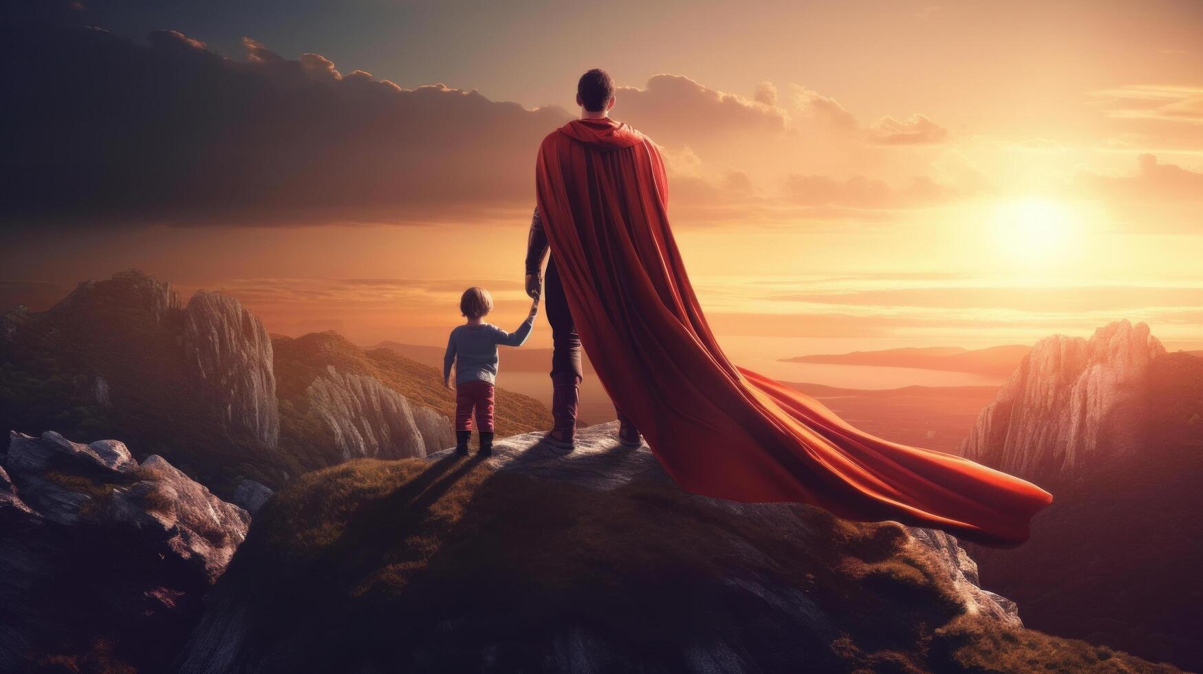 del padre día antecedentes. superhéroe padre con niño. ilustración ai generativo foto