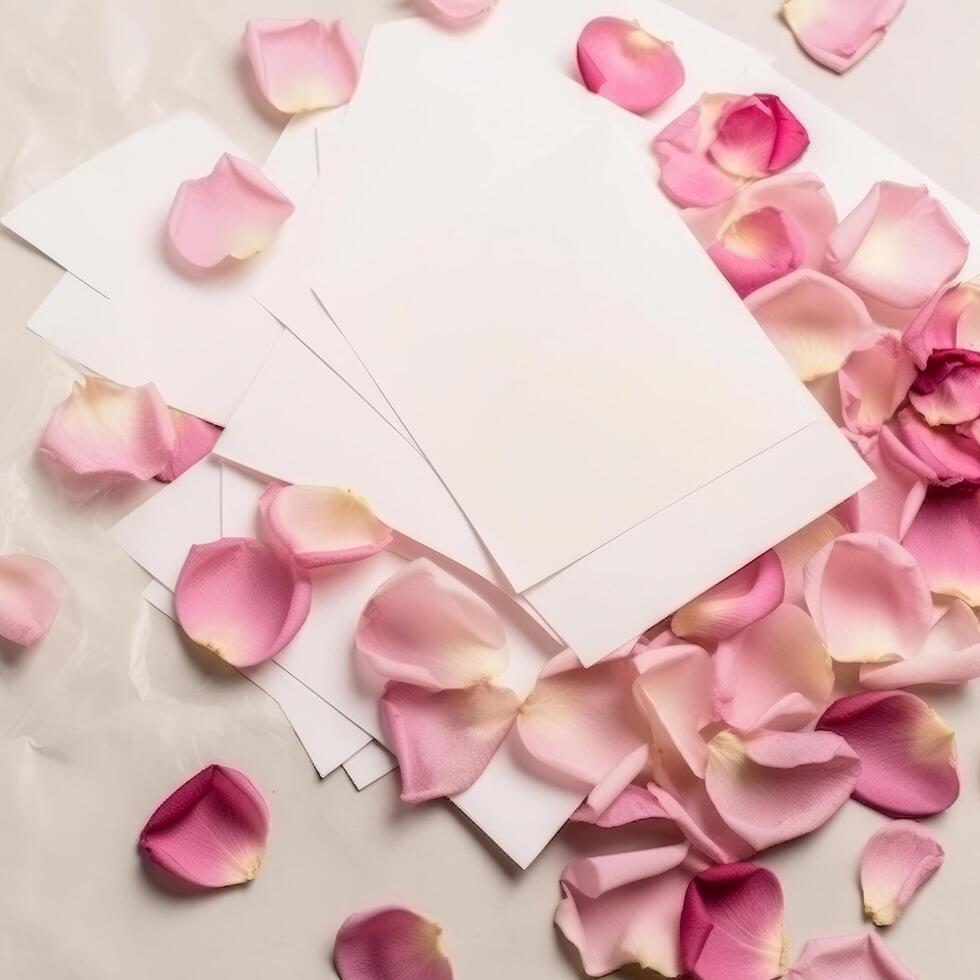 Empty white card mockup on rose petals background. Illustration photo
