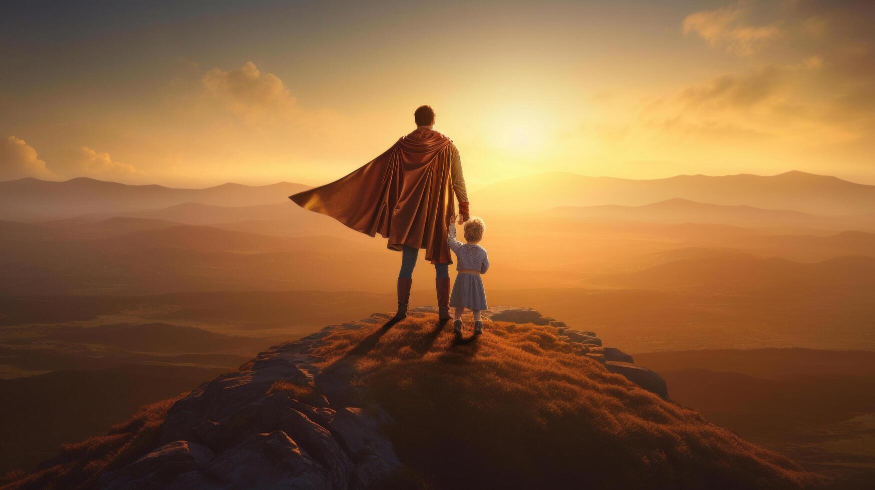 Father's Day Background. Superhero Father with Child. Illustration photo