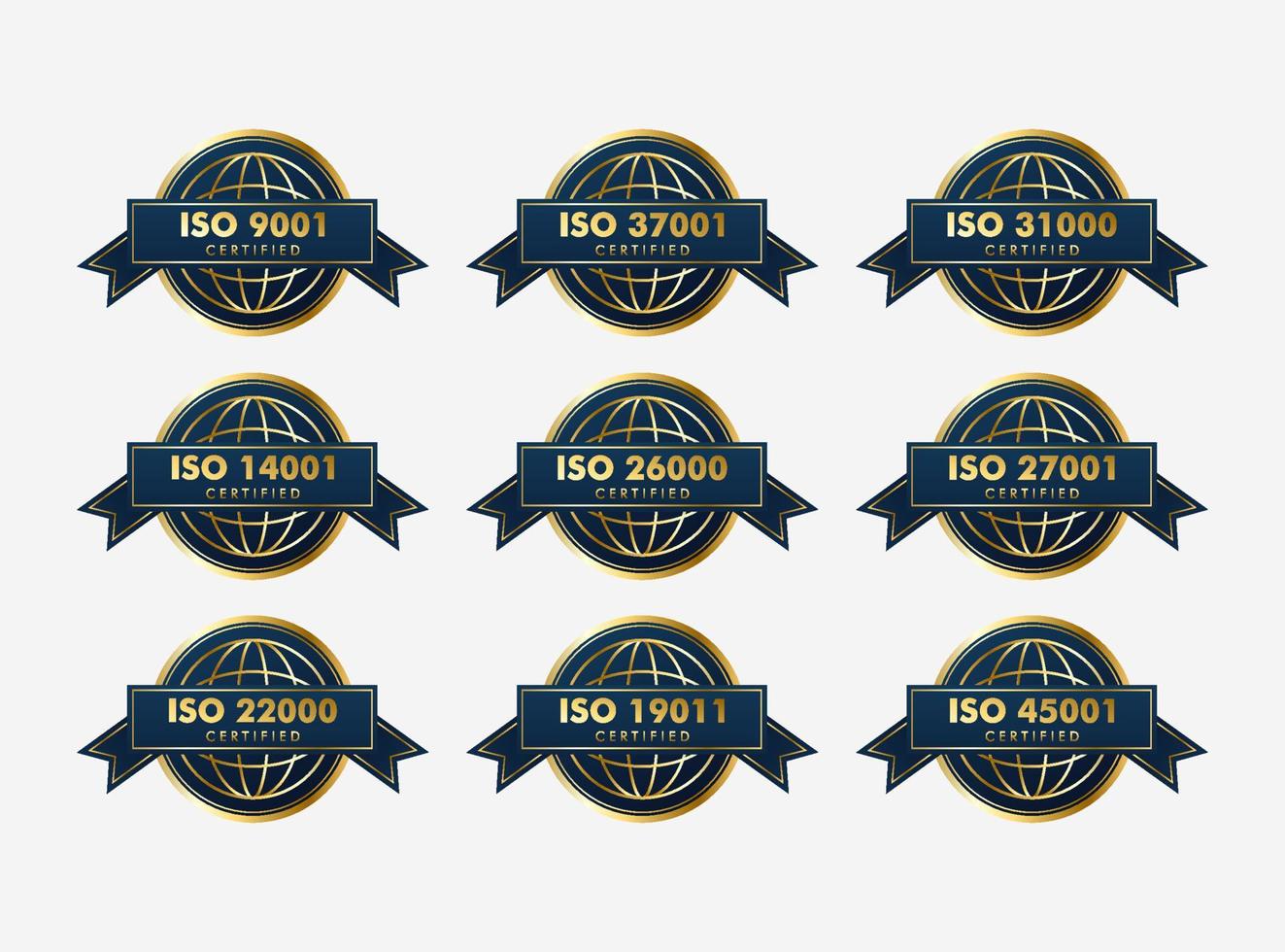 Set of ISO Certification stamp and labels quality management system, ISO 9001, ISO 22000, ISO 14001 vector