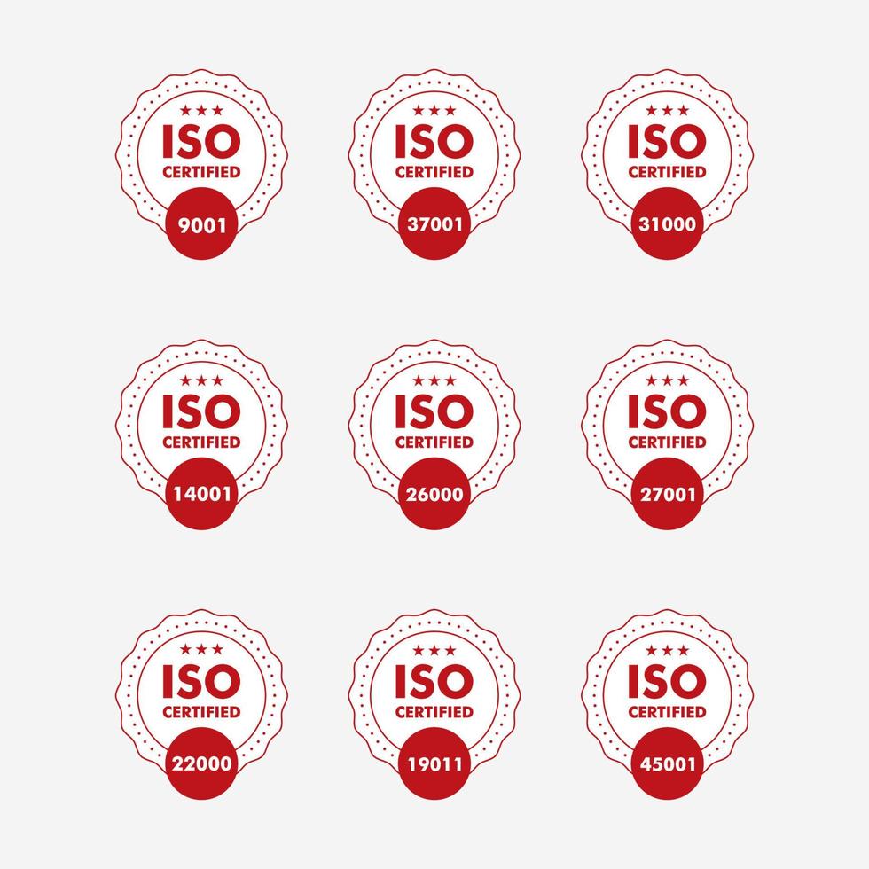 Set of ISO Certification stamp and labels quality management system, ISO 9001, ISO 22000, ISO 14001 vector