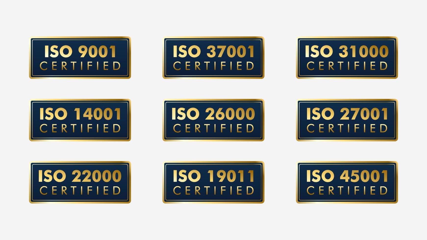 Set of ISO Certification stamp and labels quality management system, ISO 9001, ISO 22000, ISO 14001 vector