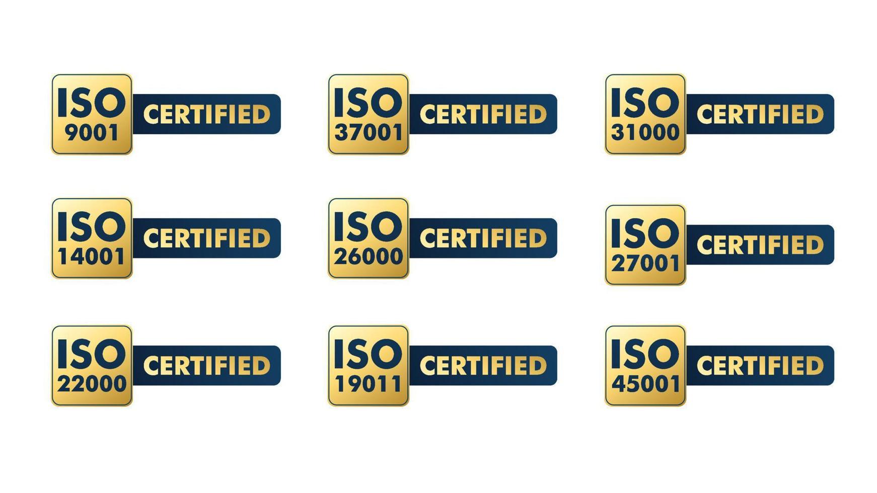 Set of ISO Certification stamp and labels quality management system, ISO 9001, ISO 22000, ISO 14001 vector