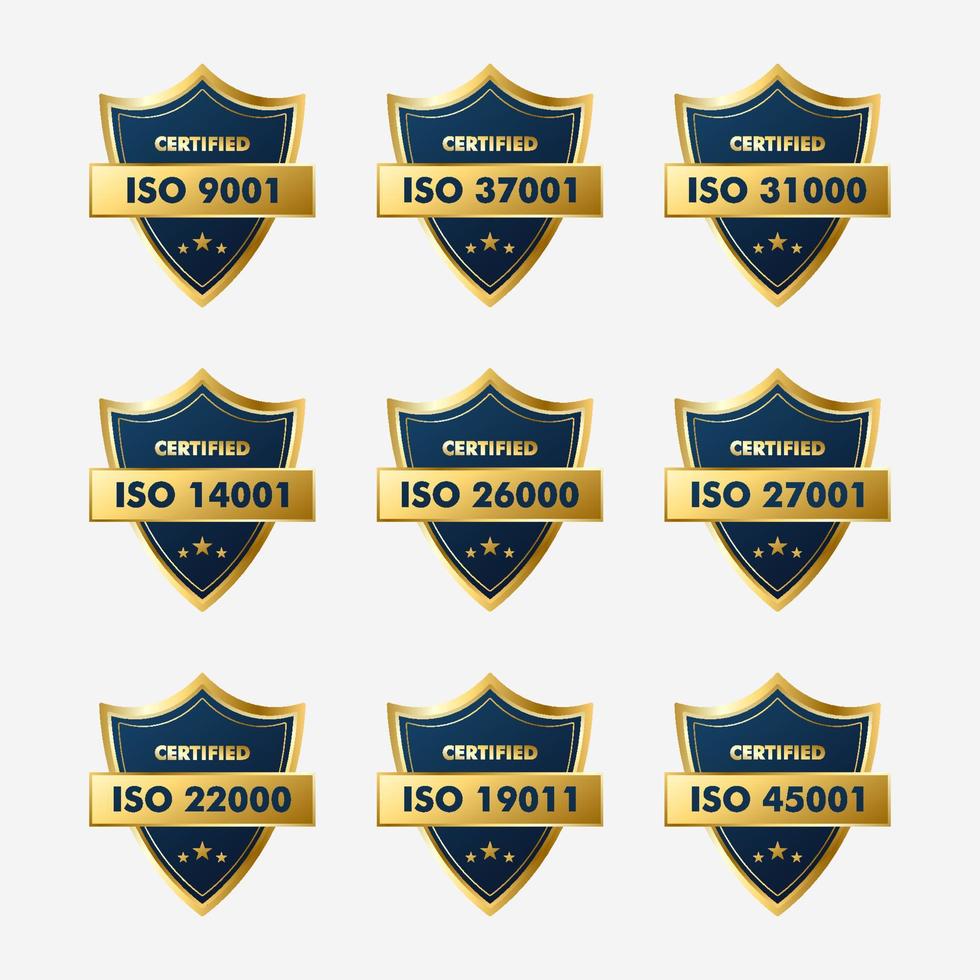 Set of ISO Certification stamp and labels quality management system, ISO 9001, ISO 22000, ISO 14001 vector