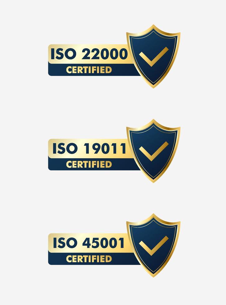 Set of ISO Certification stamp and labels quality management system, ISO 9001, ISO 22000, ISO 14001 vector