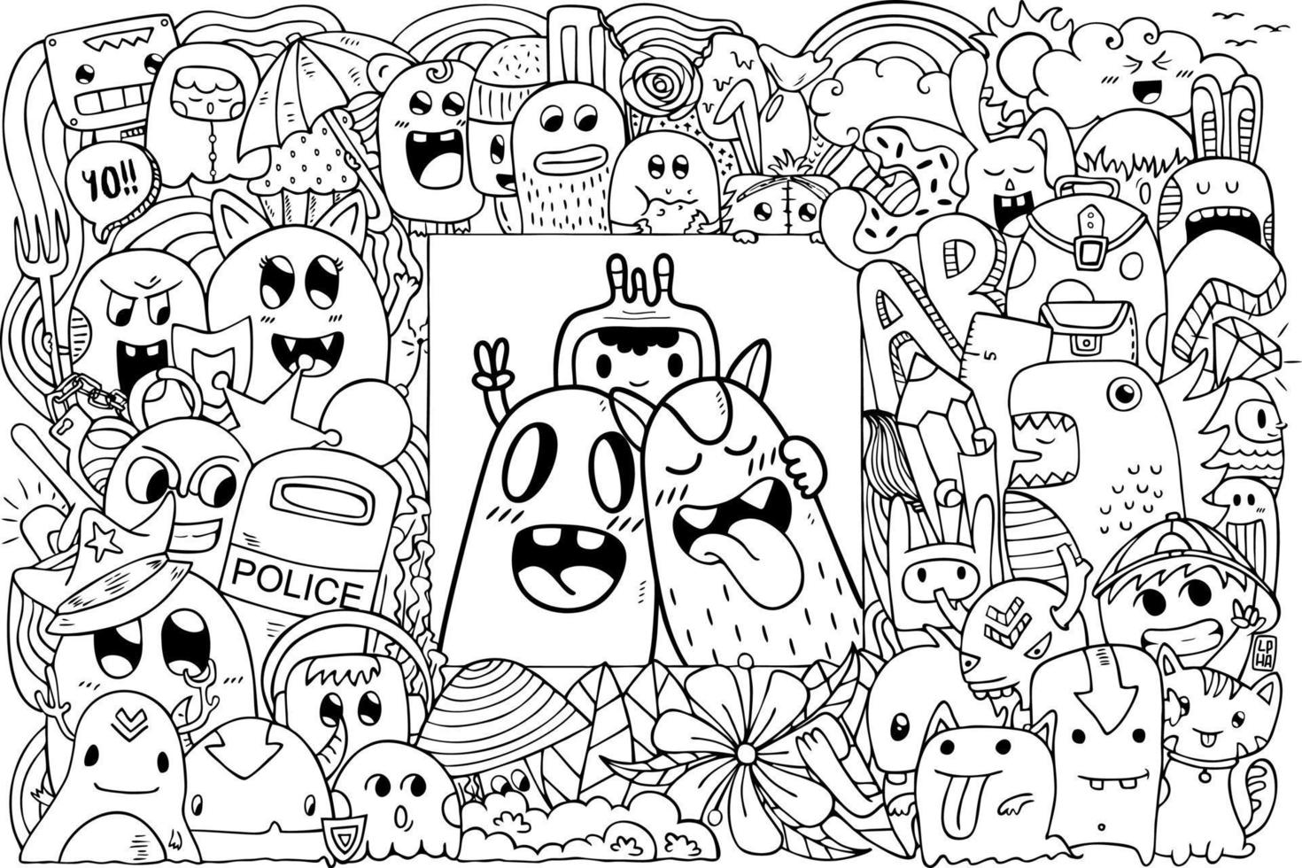 With Friends Doodle Coloring Page for Adults And Kids vector