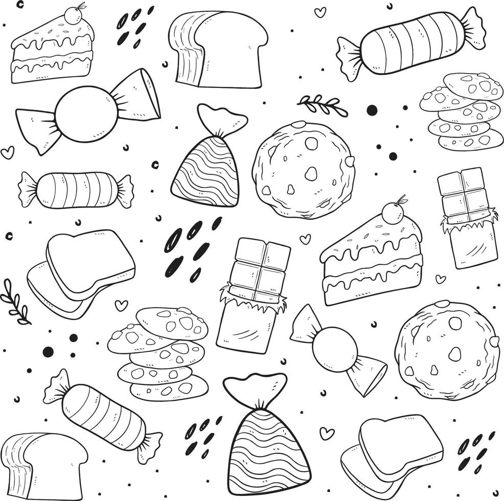 Snack set of Candies, Cookies, and Cake in Doodle Style vector