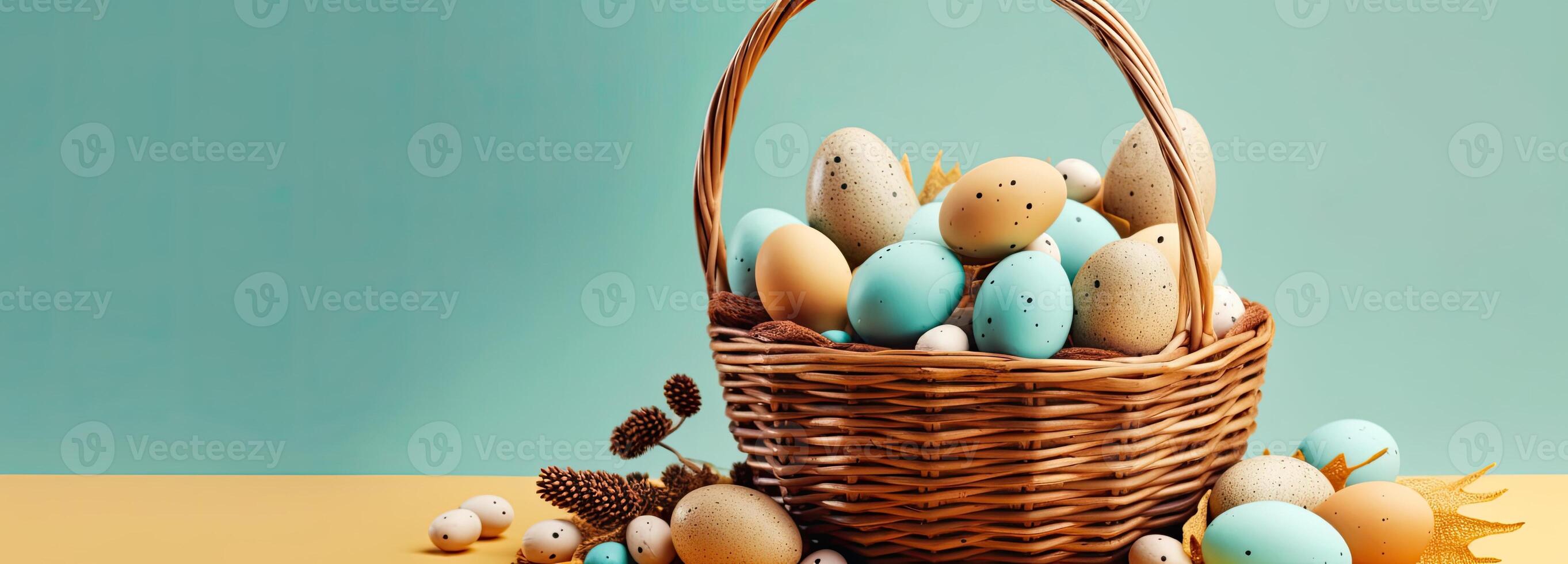 the easter basket with colorful eggs and a few candy, in the style of minimalist backgrounds, bunny with eggs with a box, in the style of soft color blending, Illustration photo
