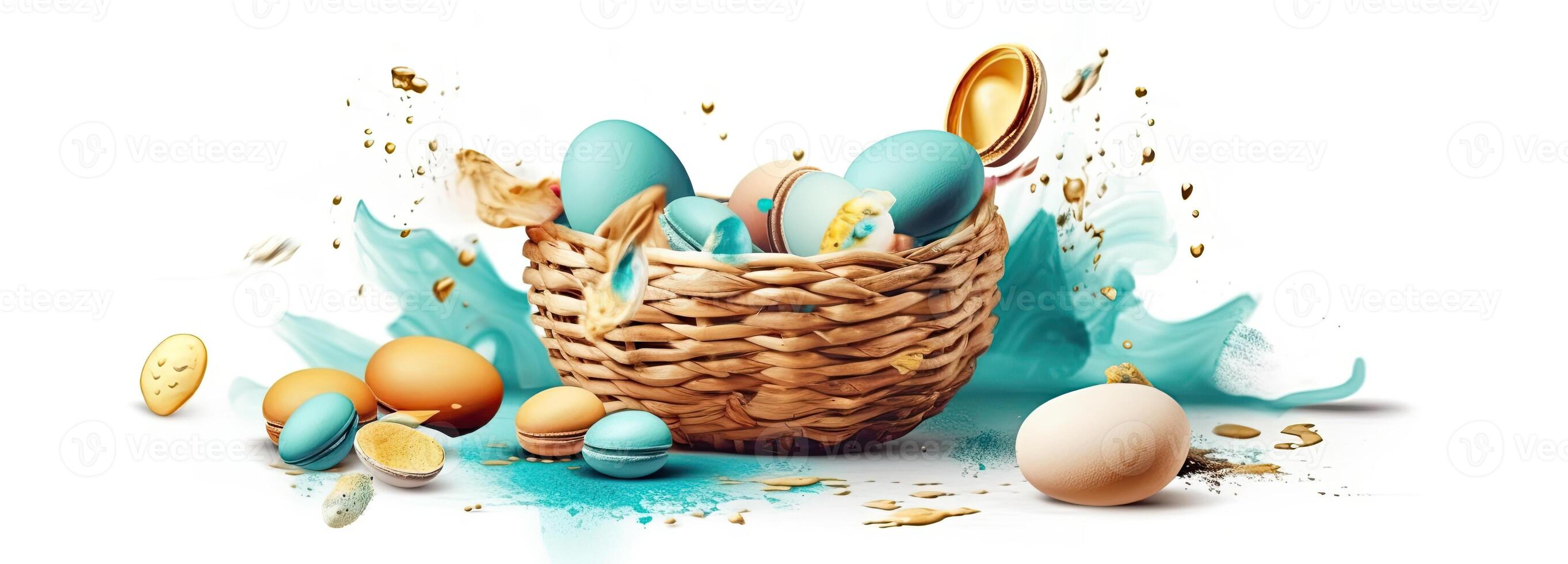 el Pascua de Resurrección cesta con vistoso huevos y un pocos dulce, en el estilo de minimalista antecedentes, conejito con huevos con un caja, en el estilo de suave color mezcla, ilustración generativo ai foto
