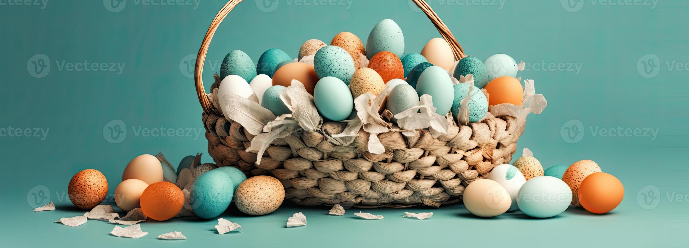 the easter basket with colorful eggs and a few candy, in the style of minimalist backgrounds, bunny with eggs with a box, in the style of soft color blending, Illustration photo
