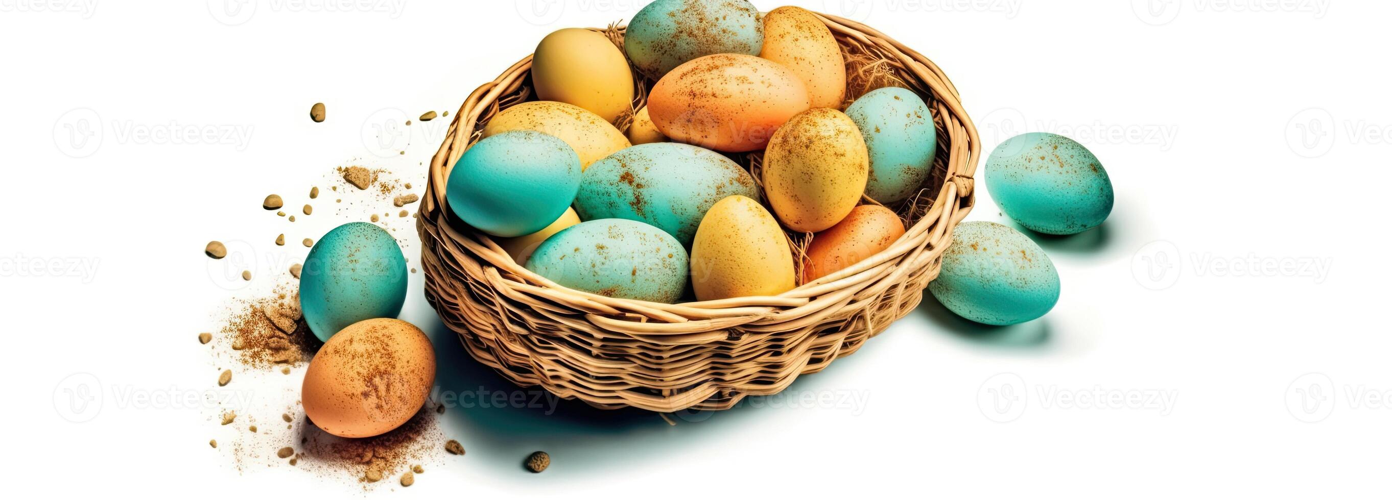 the easter basket with colorful eggs and a few candy, in the style of minimalist backgrounds, bunny with eggs with a box, in the style of soft color blending, Illustration photo