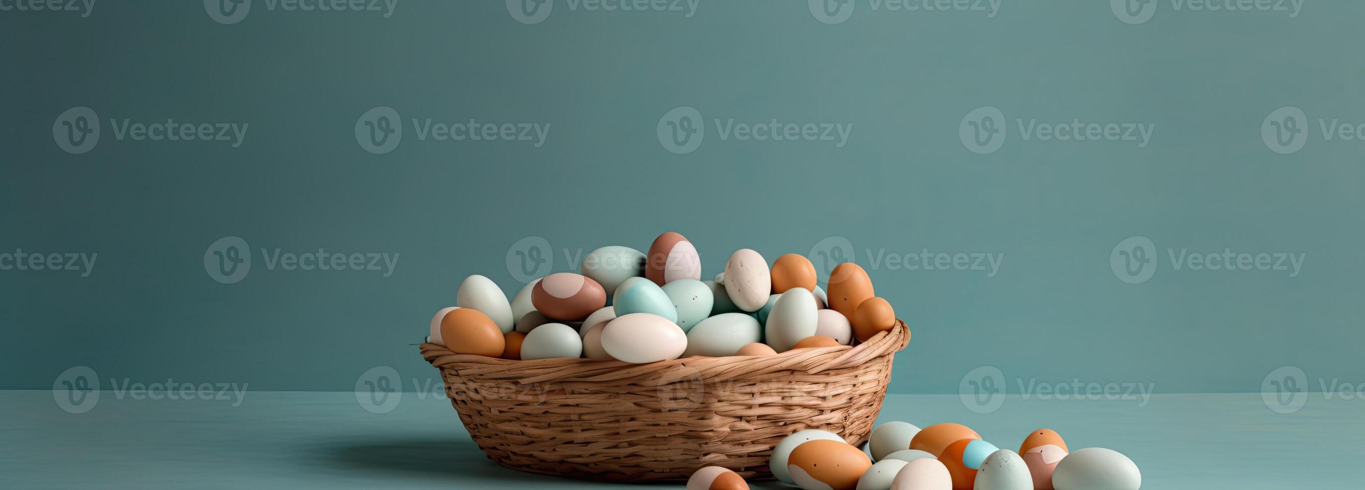the easter basket with colorful eggs and a few candy, in the style of minimalist backgrounds, bunny with eggs with a box, in the style of soft color blending, Illustration photo