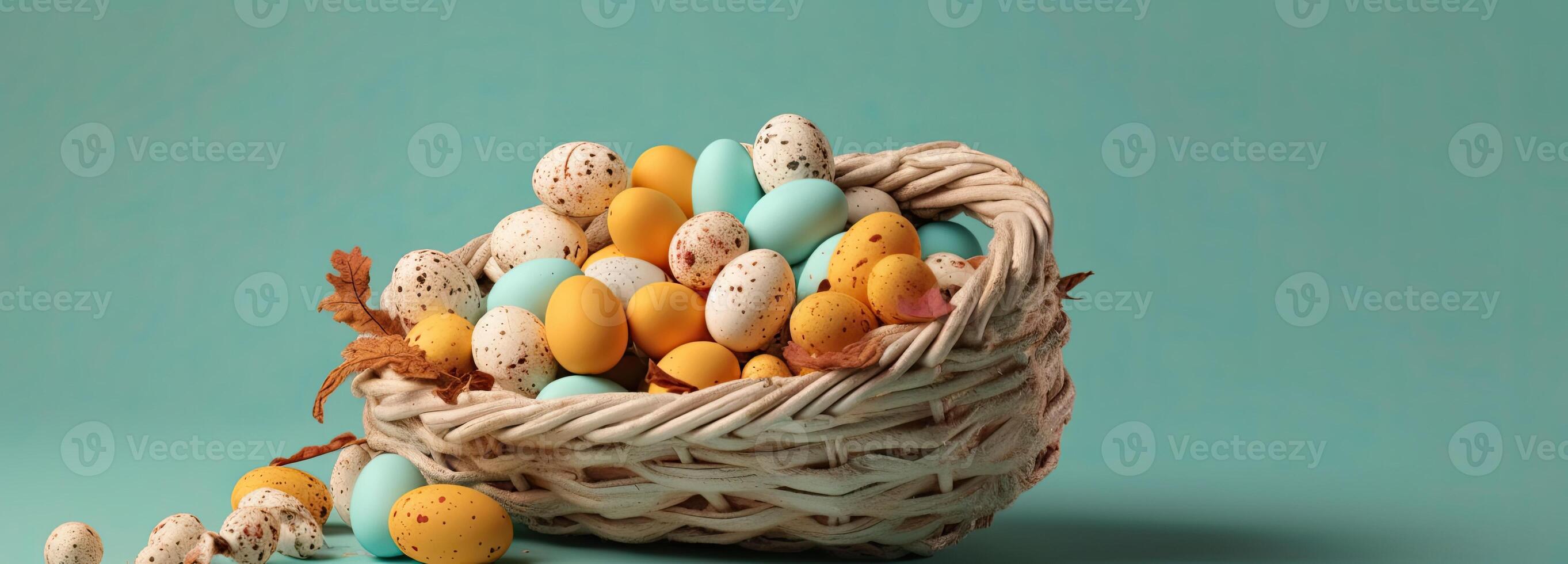 the easter basket with colorful eggs and a few candy, in the style of minimalist backgrounds, bunny with eggs with a box, in the style of soft color blending, Illustration photo