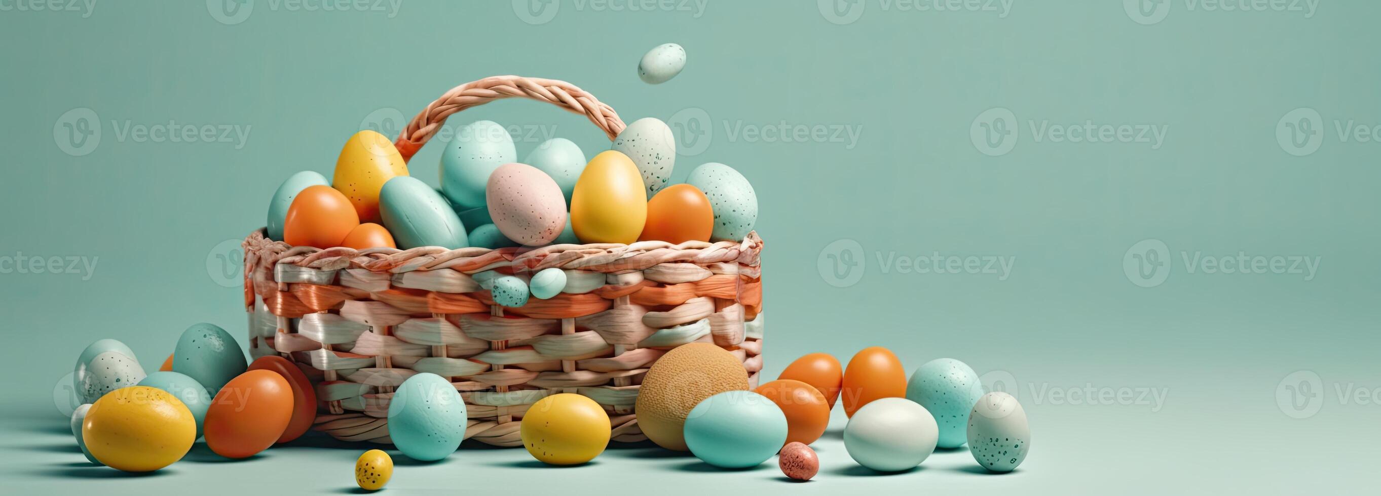 the easter basket with colorful eggs and a few candy, in the style of minimalist backgrounds, bunny with eggs with a box, in the style of soft color blending, Illustration photo