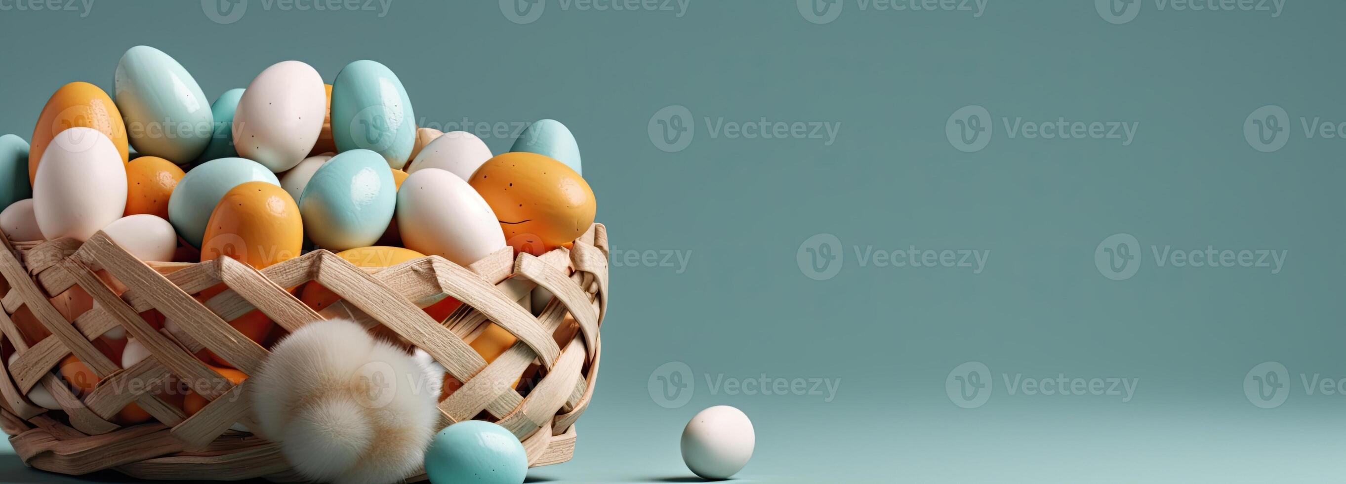 the easter basket with colorful eggs and a few candy, in the style of minimalist backgrounds, bunny with eggs with a box, in the style of soft color blending, Illustration photo