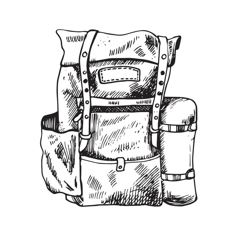 turista cámping mochila bosquejo. caminata, excursionismo concepto. mano dibujado ilustración aislado en blanco antecedentes. vector