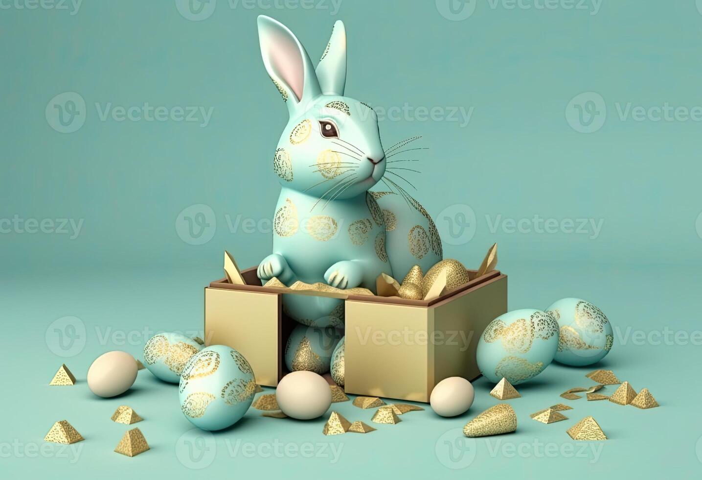 the easter basket with colorful eggs and a few candy, in the style of minimalist backgrounds, bunny with eggs with a box, in the style of soft color blending, illustration photo