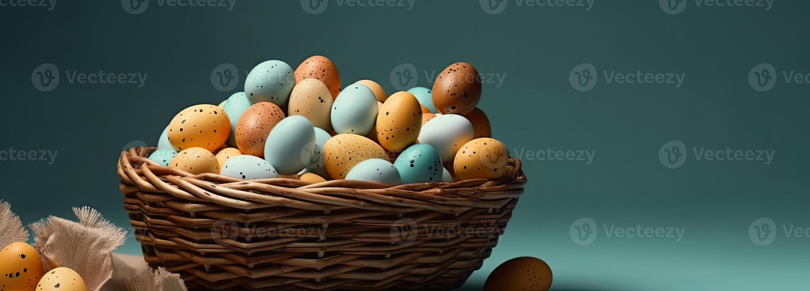 the easter basket with colorful eggs and a few candy, in the style of minimalist backgrounds, bunny with eggs with a box, in the style of soft color blending, illustration photo