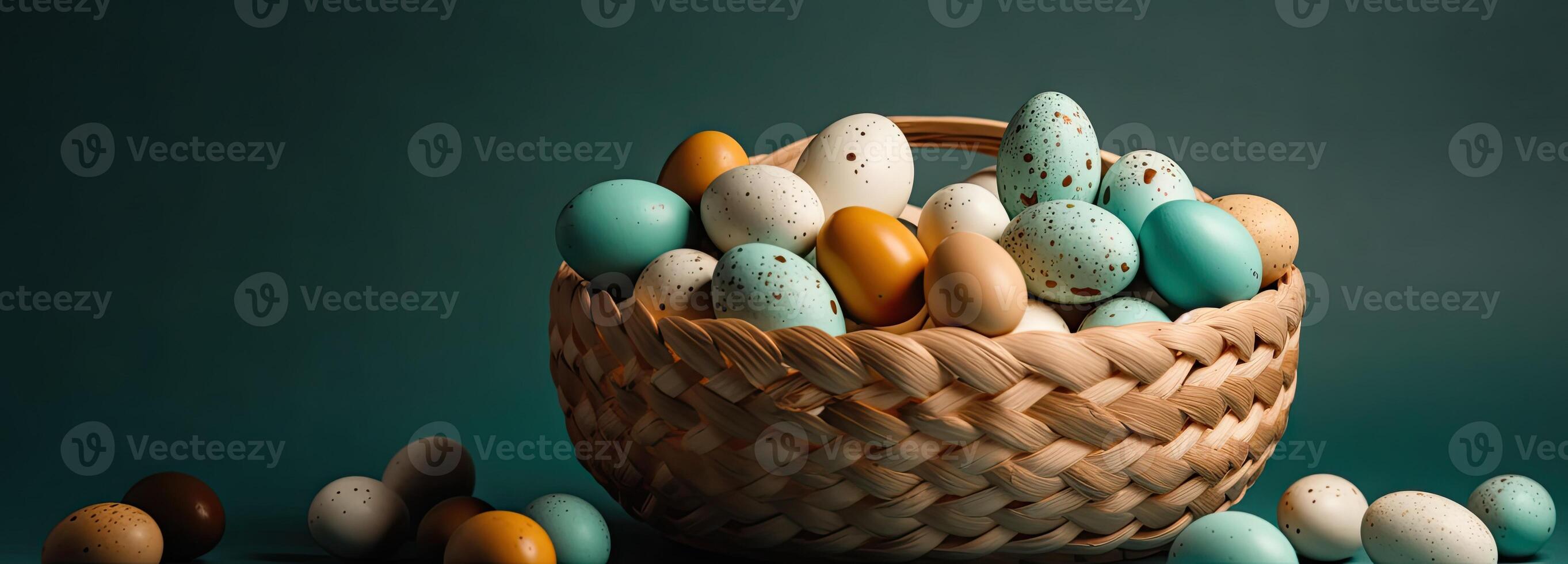 the easter basket with colorful eggs and a few candy, in the style of minimalist backgrounds, bunny with eggs with a box, in the style of soft color blending, illustration photo