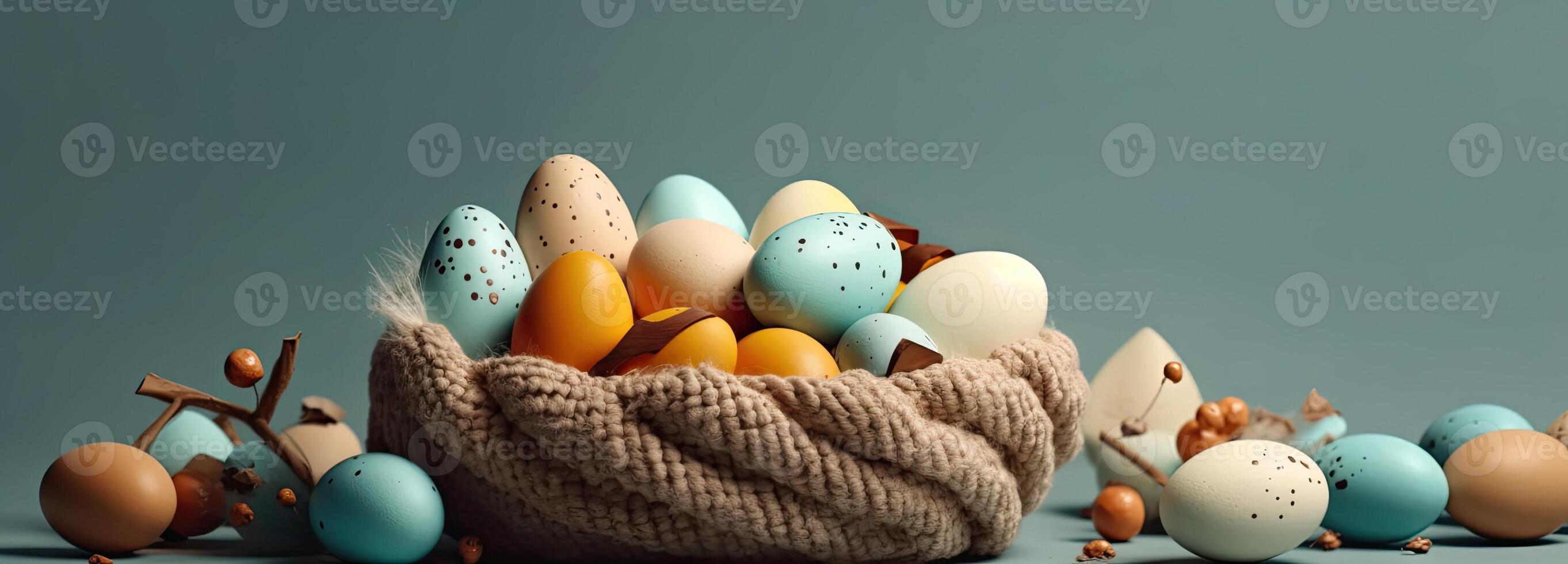 the easter basket with colorful eggs and a few candy, in the style of minimalist backgrounds, bunny with eggs with a box, in the style of soft color blending, illustration photo