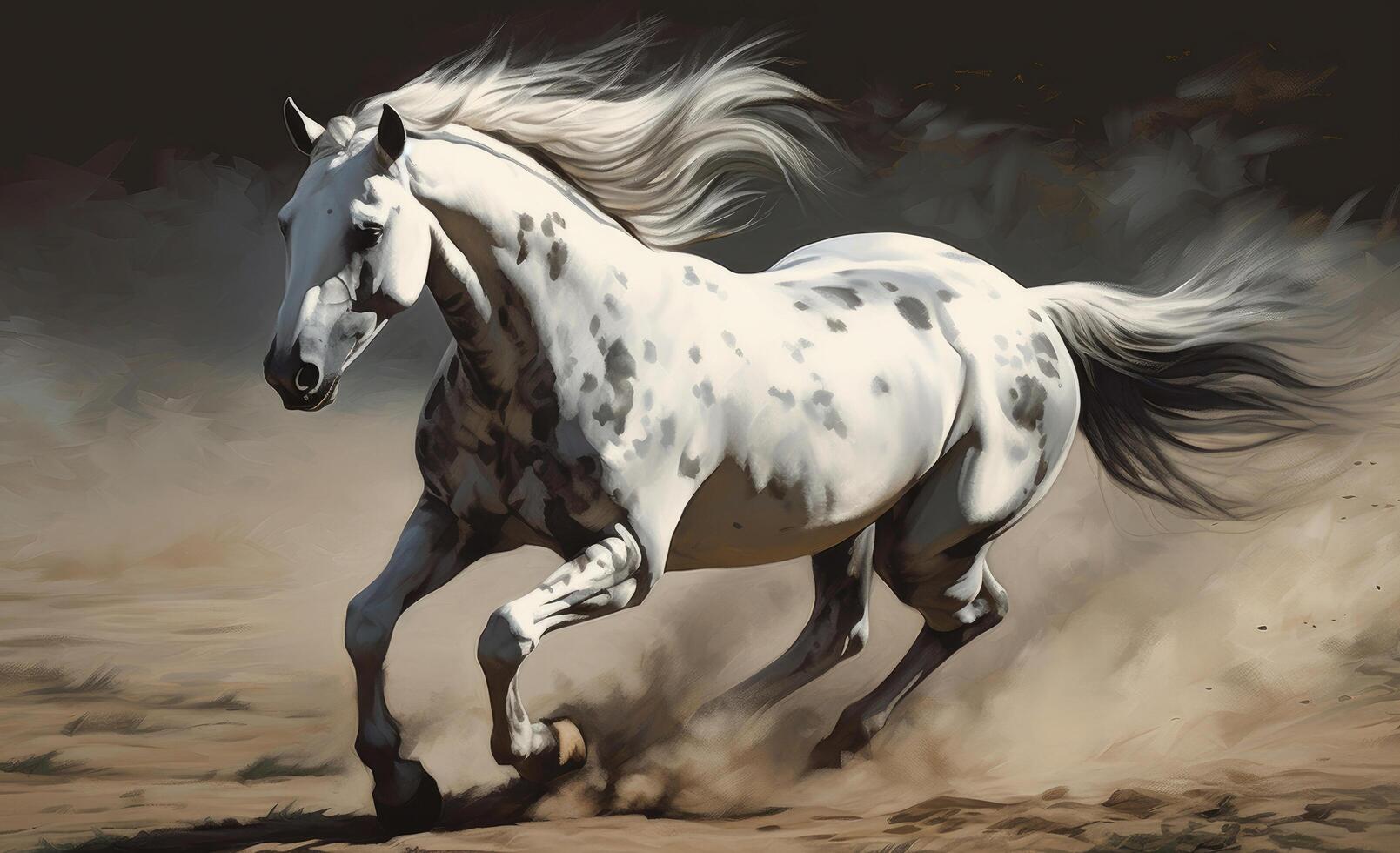 blanco caballo Galopando en el desierto. ilustración ai generativo foto