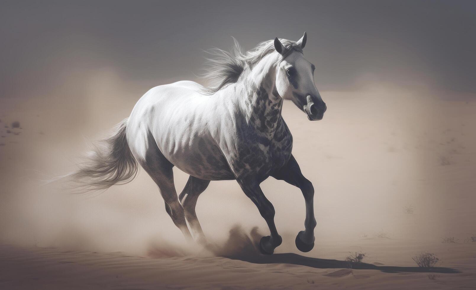 White horse galloping in the desert. Illustration photo