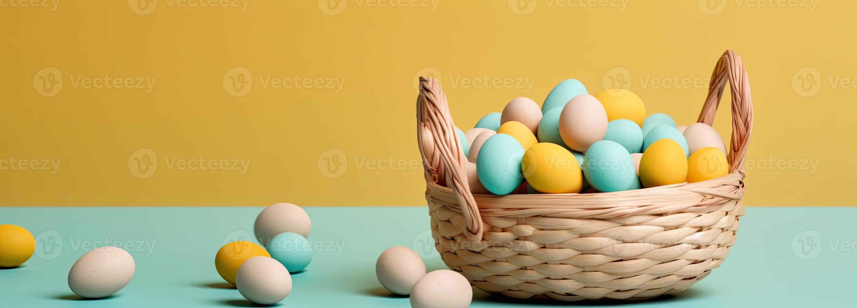 the easter basket with colorful eggs and a few candy, in the style of minimalist backgrounds, bunny with eggs with a box, in the style of soft color blending, photo