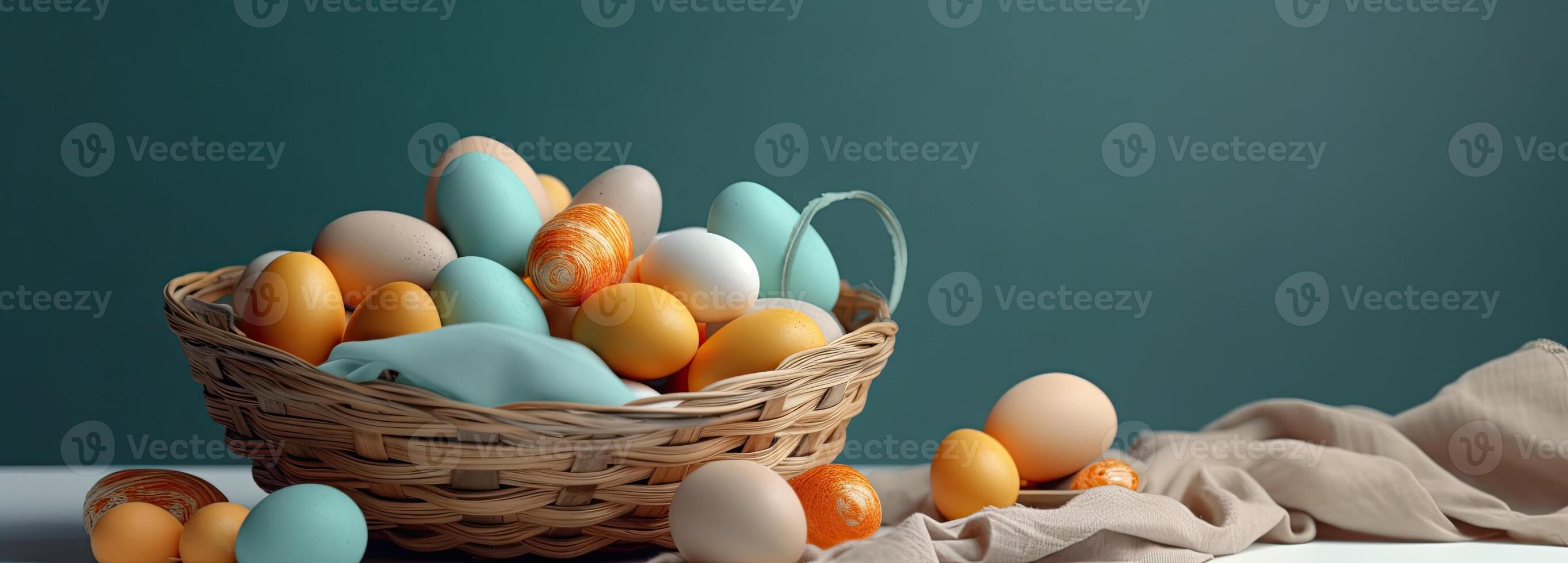 the easter basket with colorful eggs and a few candy, in the style of minimalist backgrounds, bunny with eggs with a box, in the style of soft color blending, photo
