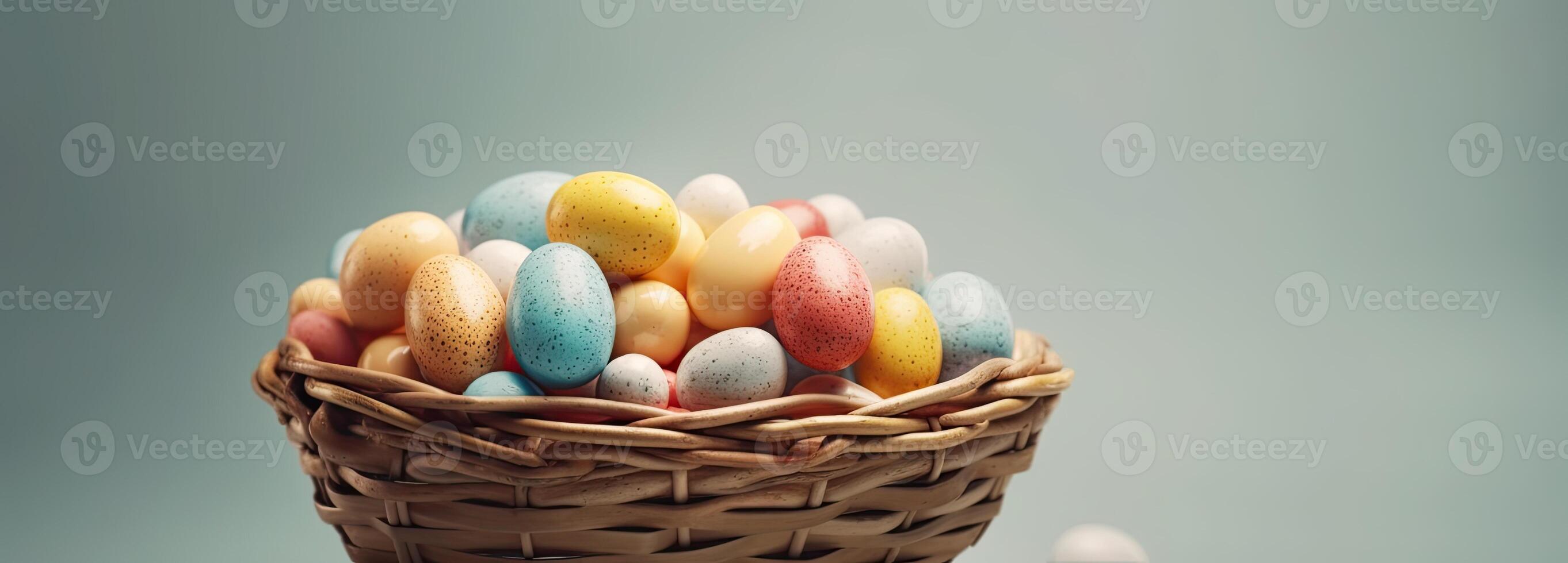 the easter basket with colorful eggs and a few candy, in the style of minimalist backgrounds, bunny with eggs with a box, in the style of soft color blending, photo