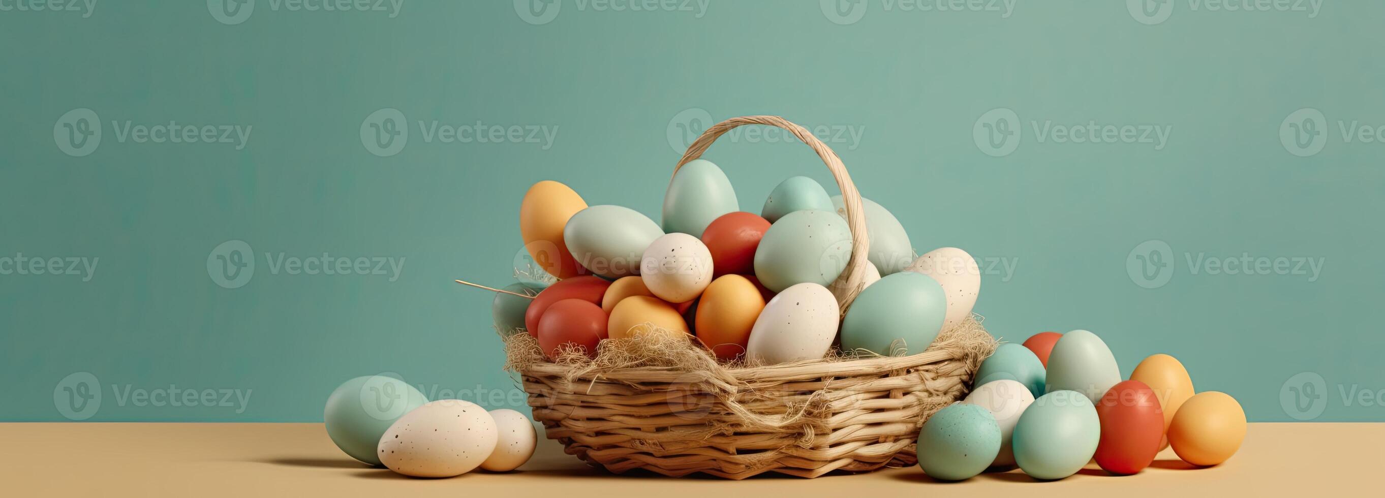 the easter basket with colorful eggs and a few candy, in the style of minimalist backgrounds, bunny with eggs with a box, in the style of soft color blending, photo
