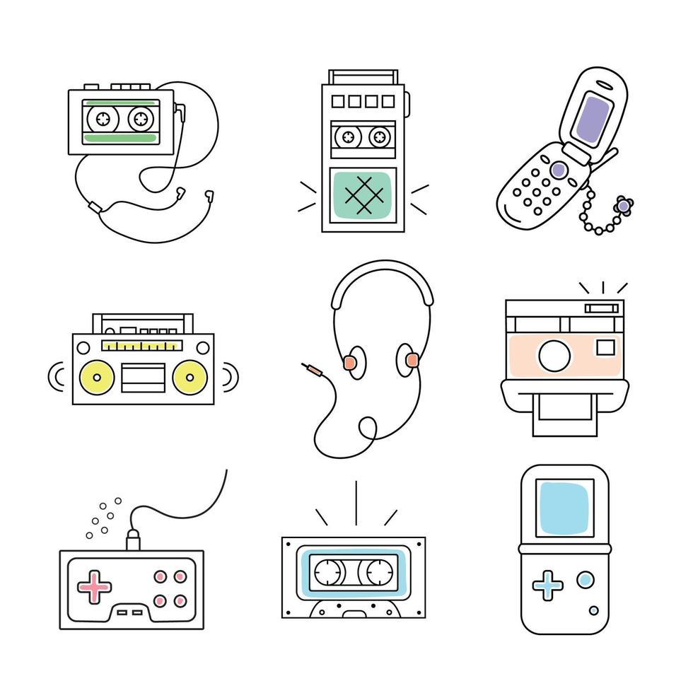 Hand drawn vector illustration set 90s, retro.