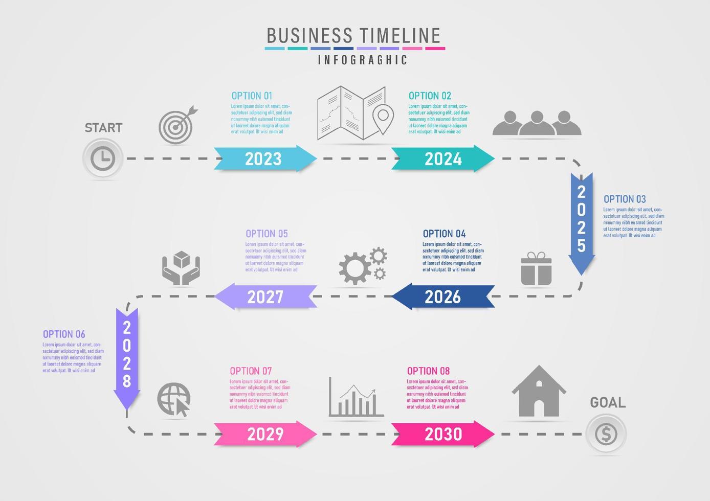 infografía cronograma 8 años punteado línea flechas con blanco año números circulo el comienzo punto y terminar punto Entre rutas con iconos gris degradado antecedentes. diseño para marketing, producto. vector