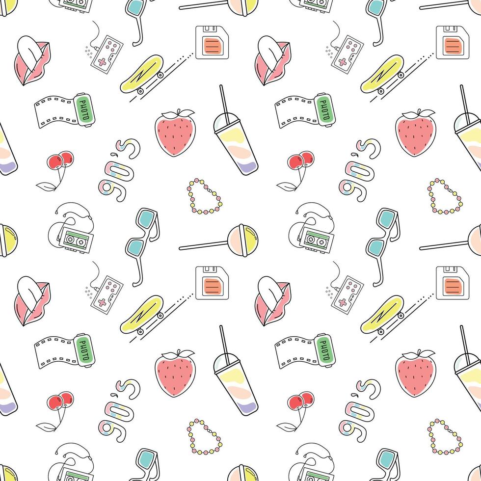 Hand drawn vector seamless pattern 90s, retro