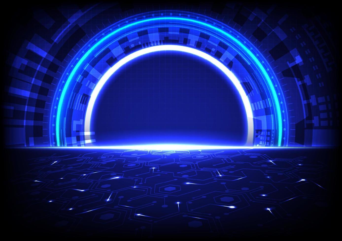 Futuristic background technology abstract Laser illuminated tech circle door Electronic circuits on the floor Hexagonal points of light and light trails grid behind circle blue gradient background vector