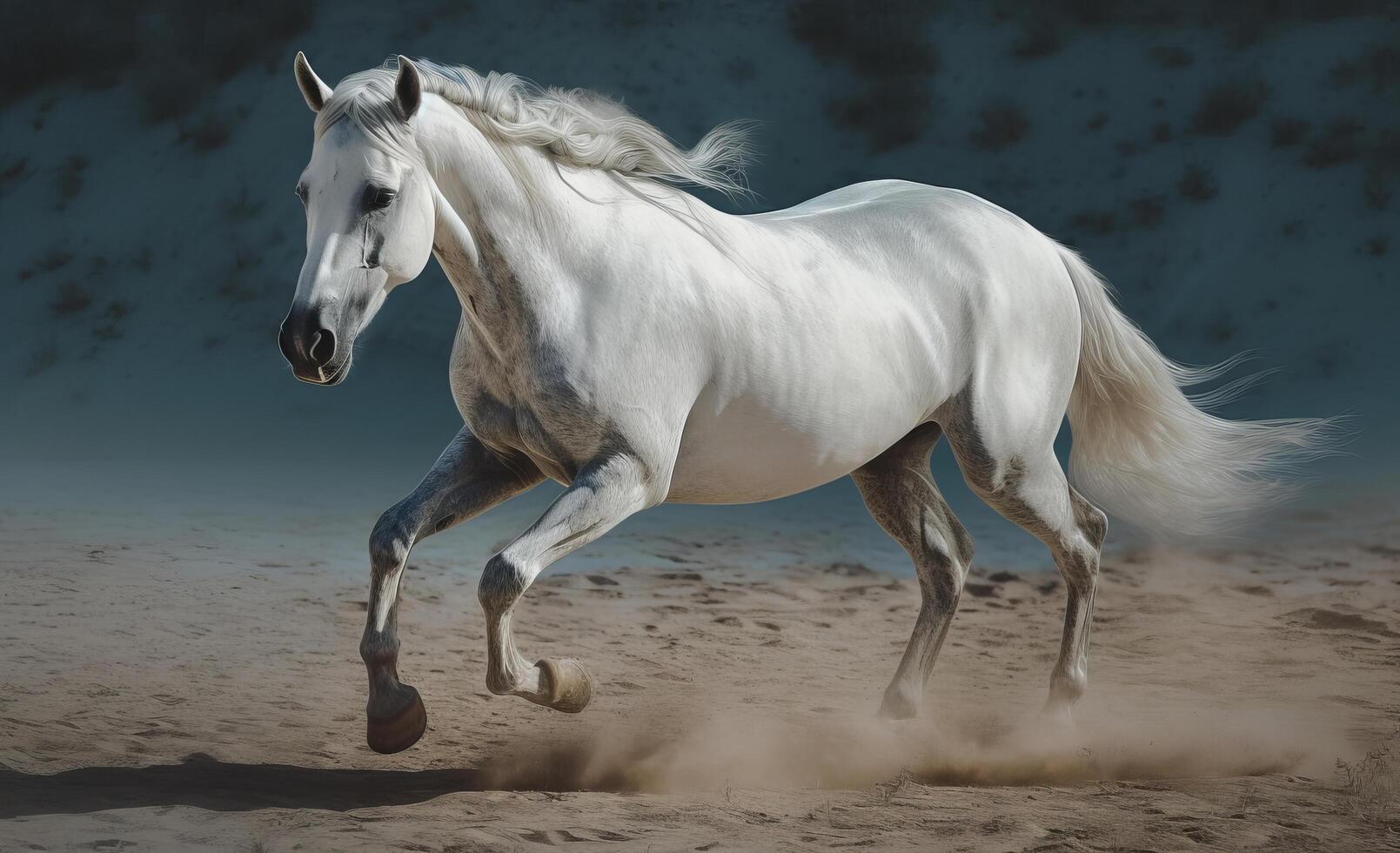 White horse galloping in the desert. Illustration photo