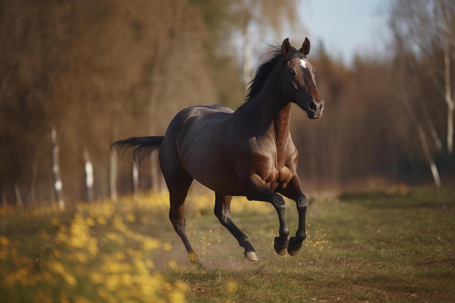 Brown horse galloping in the field. Illustration photo