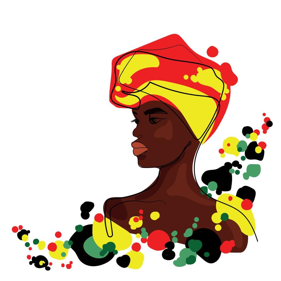 Abstract Afro American woman dressed in traditional turban with abstract shapes in yellow red black and green colors isolated on white vector illustration.Juneteenth or Afro American Freedom day