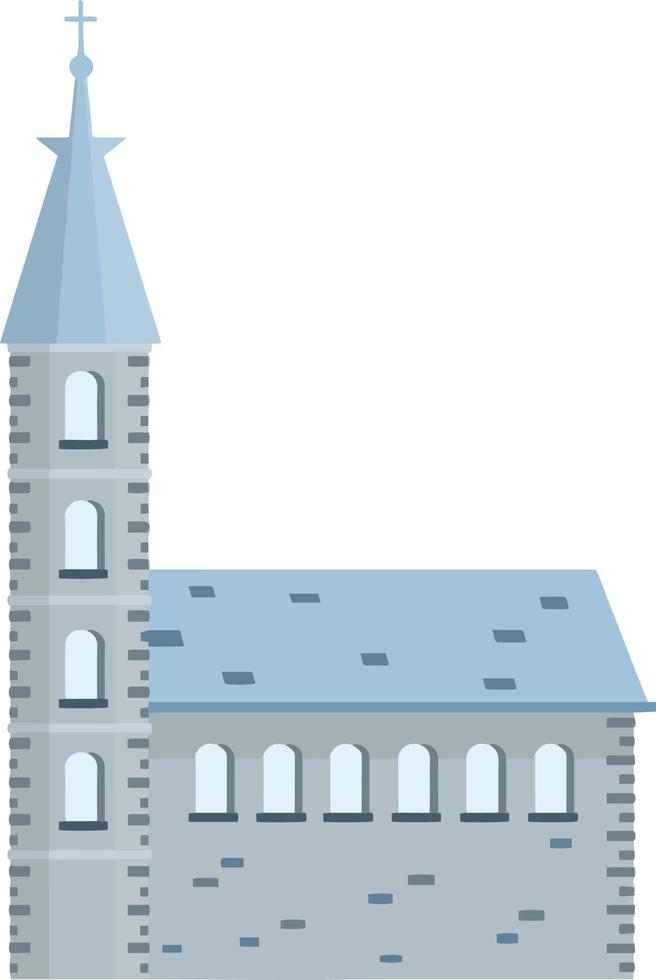 Old town hall building with blue roof, bell tower and spire. European urban architecture. The medieval Guildhall of the little town. Catholic Christian Church. Cartoon flat illustration vector