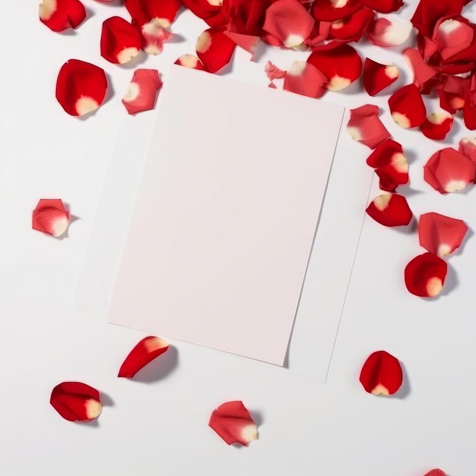 Empty white card mockup on rose petals background. Illustration photo